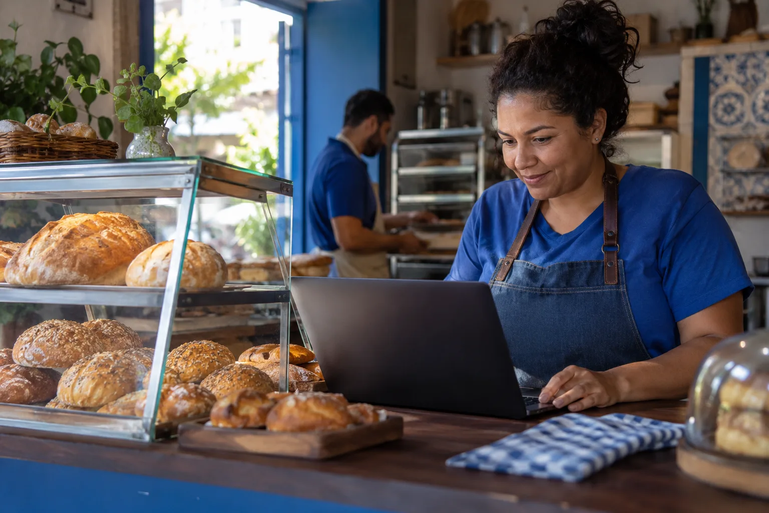 Dona de padaria usa notebook no balcão ao lado da vitrine de pães