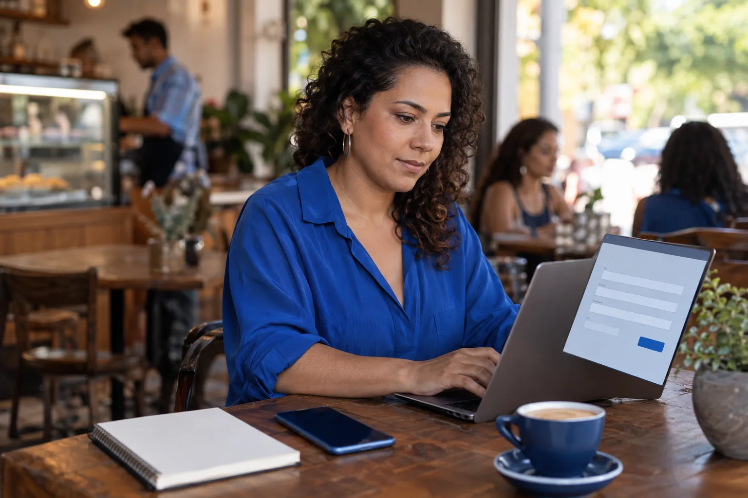 Empreendedora preenche um formulário de venda online no notebook em uma mesa de café