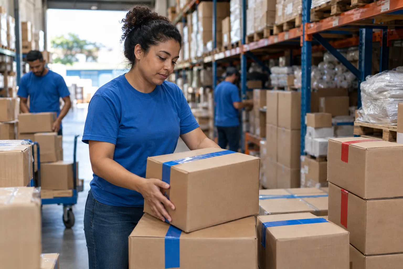Funcionária de distribuidora separa no depósito as caixas que vão como bonificação no pedido