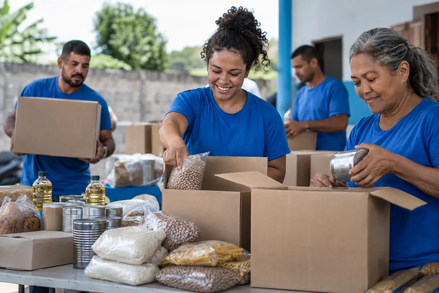 Voluntária de banco de alimentos recebe e separa as caixas de doação