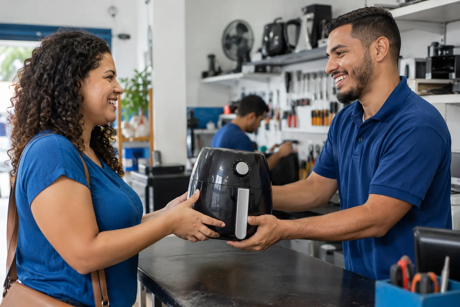 Atendente da assistência técnica entrega o aparelho consertado a um cliente sorridente