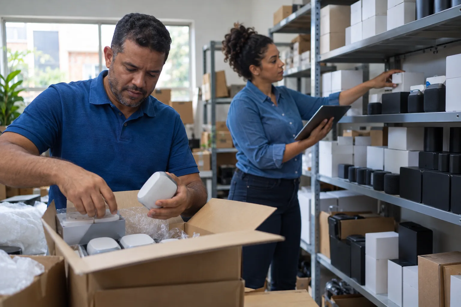 Gerente de loja desembala produtos importados e confere as quantidades na prateleira