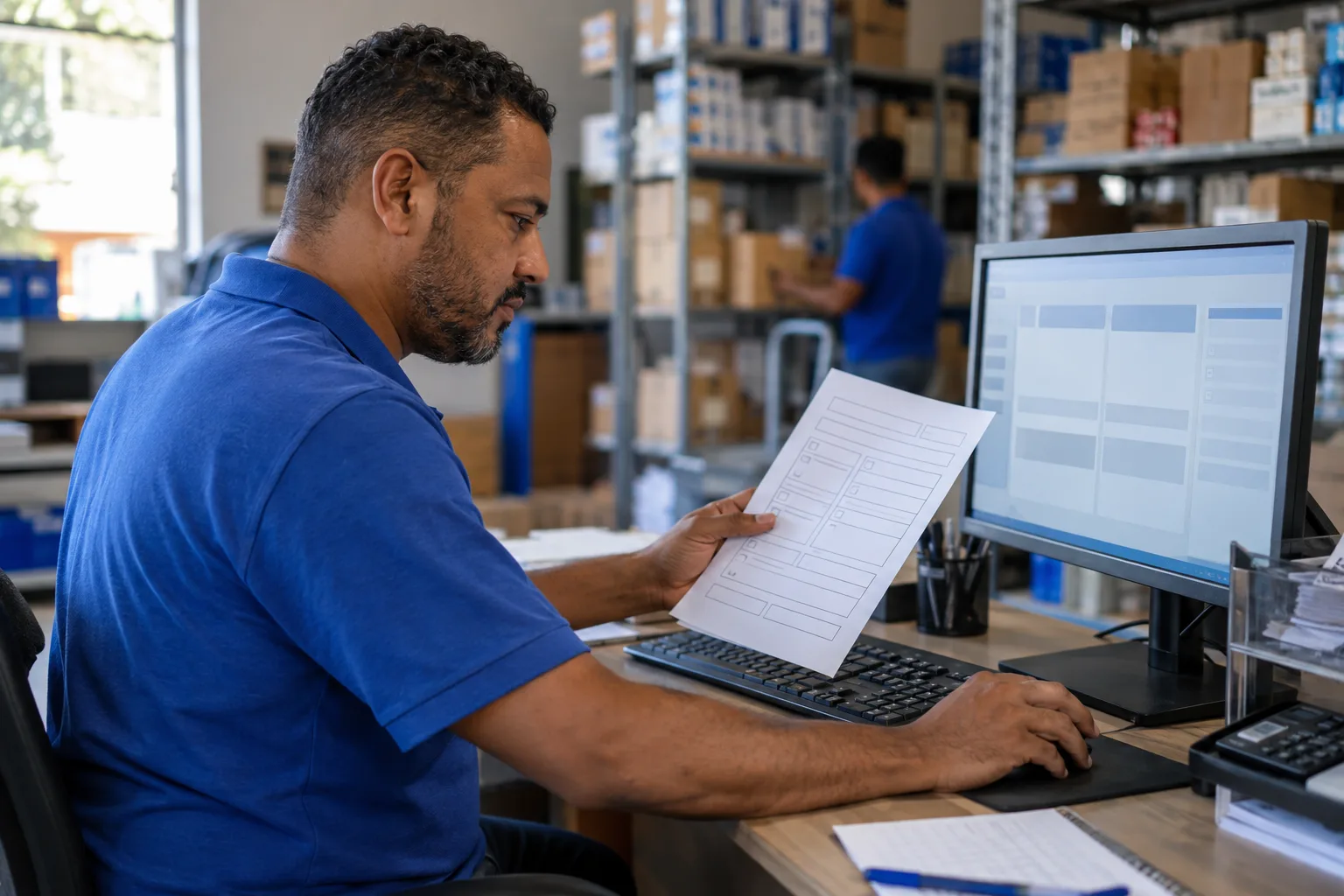 Funcionário de distribuidora compara a ficha cadastral impressa de um cliente com os dados no computador