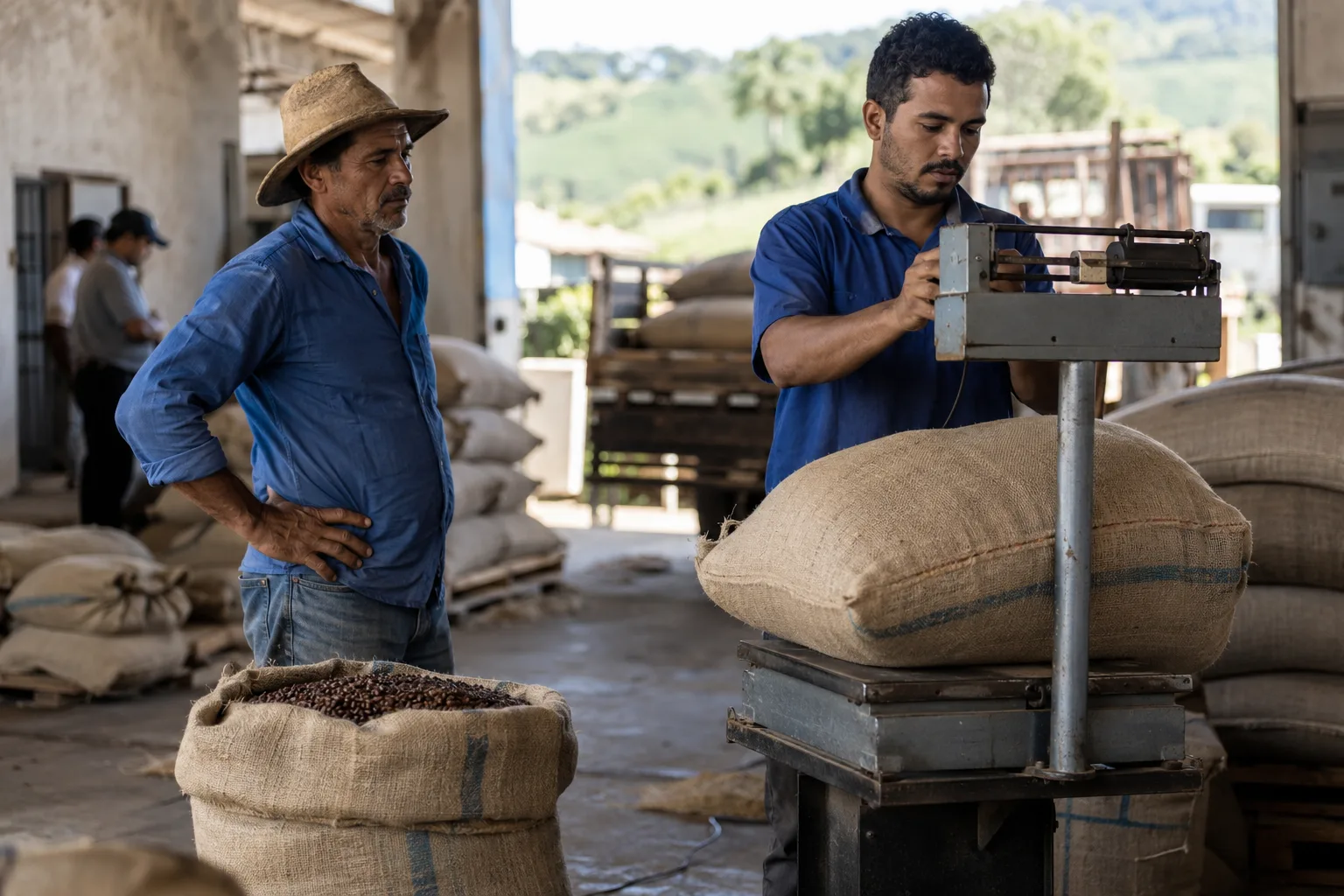 Funcionário pesa sacas de café de um produtor rural na balança do armazém