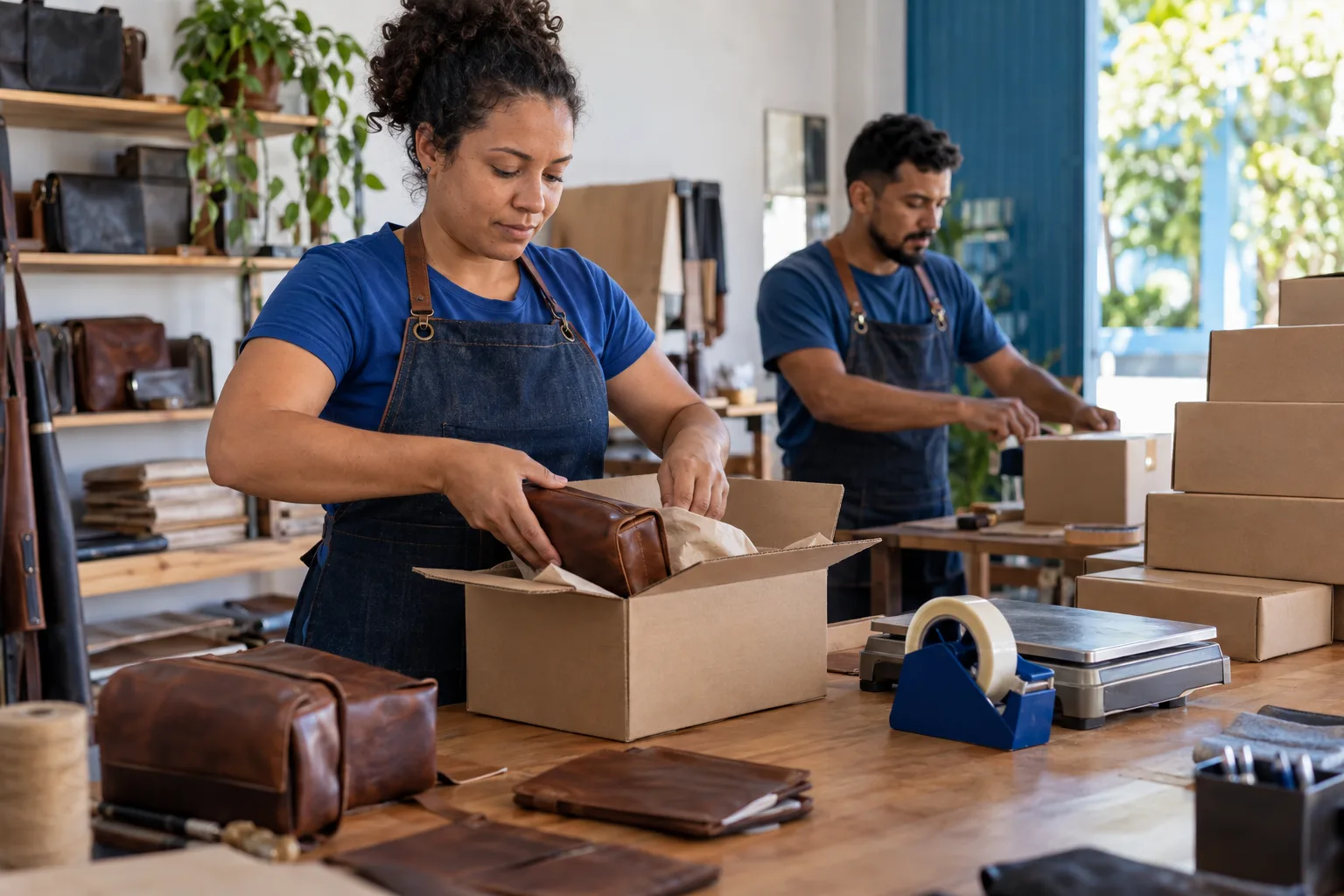 Funcionária embala bolsas de couro em caixas de exportação em um pequeno ateliê