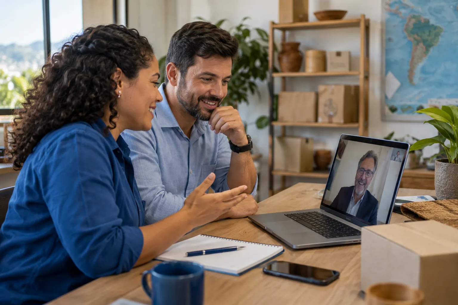 Sócios de uma pequena empresa conversam por videochamada com um comprador estrangeiro