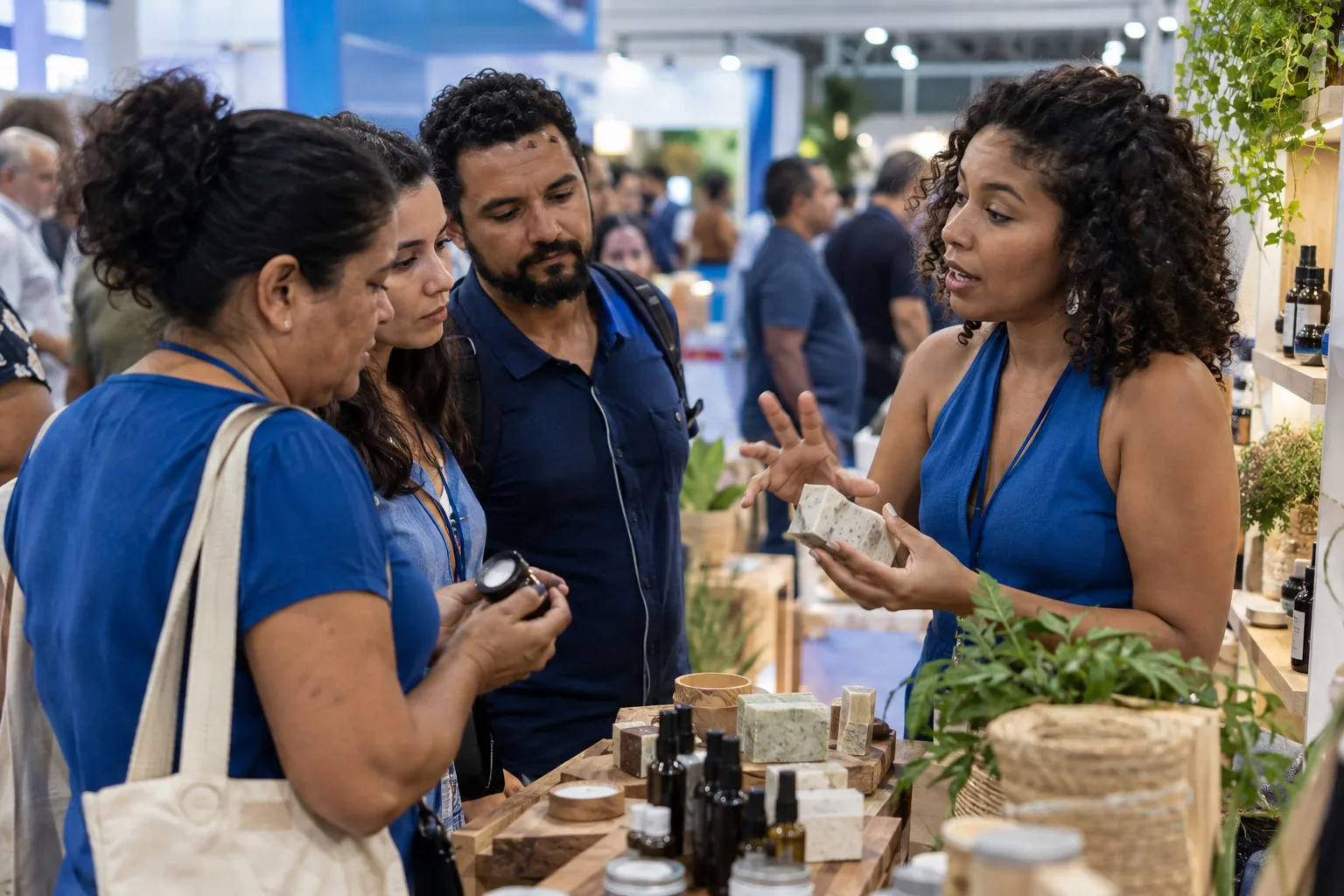 Visitantes observam produtos em um estande movimentado enquanto o expositor explica