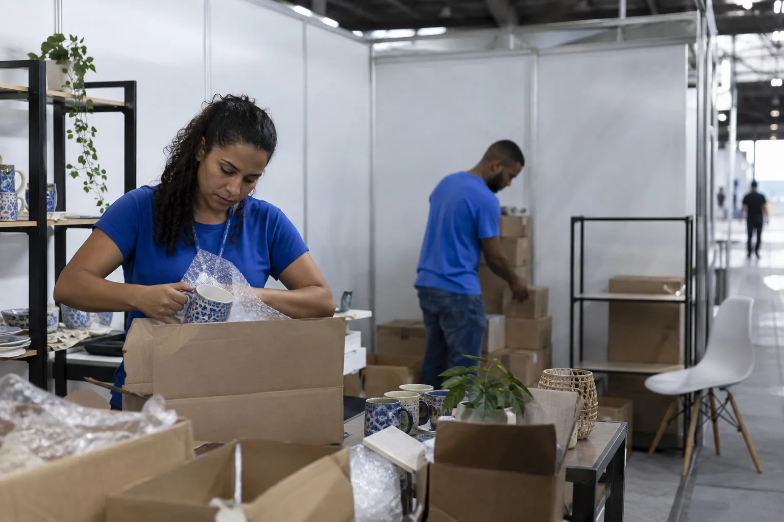 Expositor guarda os produtos nas caixas depois do encerramento da feira