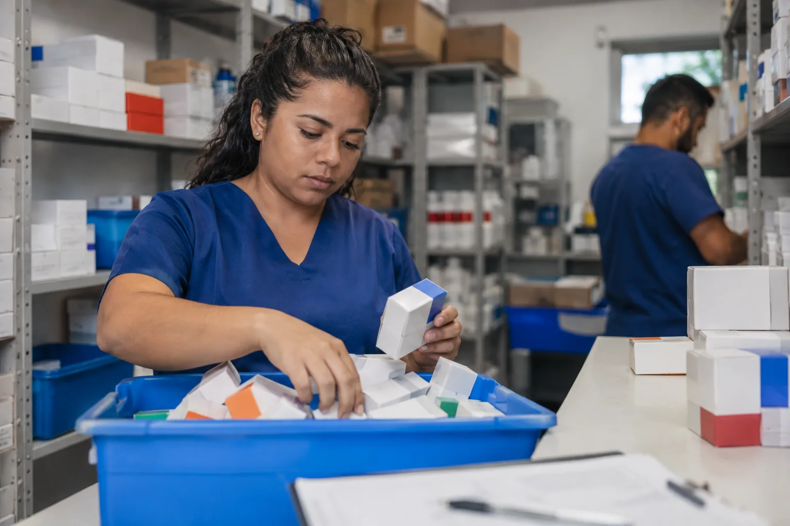 Funcionária de farmácia separa caixas de medicamentos vencidos no estoque