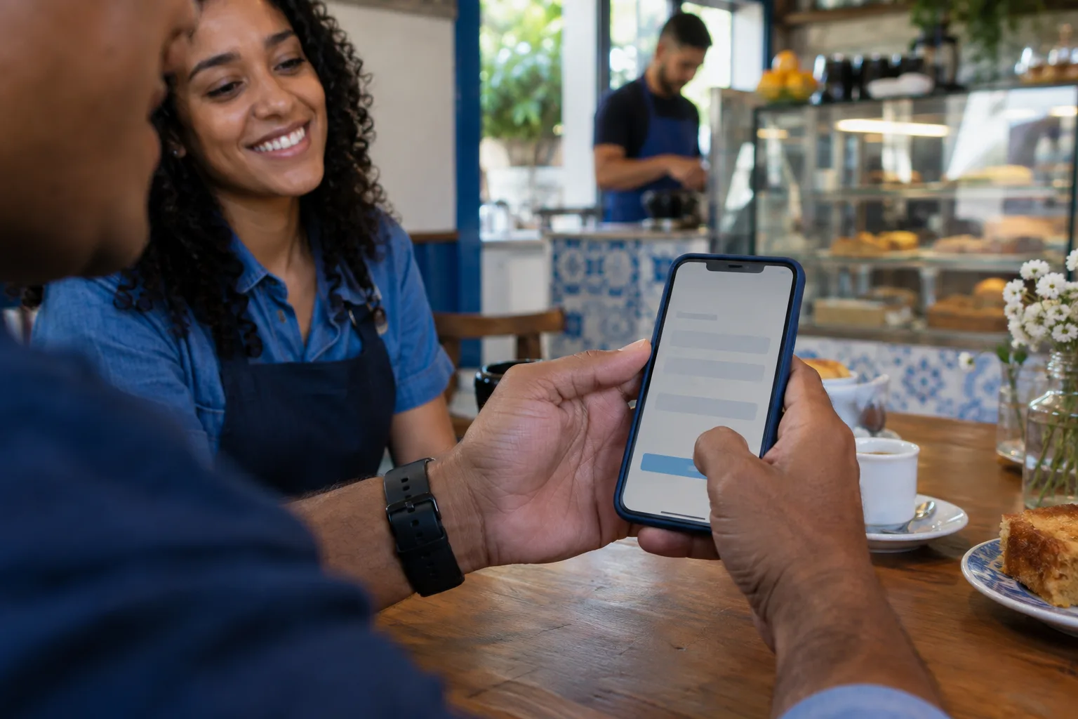 Mãos seguram o celular com um aplicativo de formulário aberto, sobre a mesa de um café