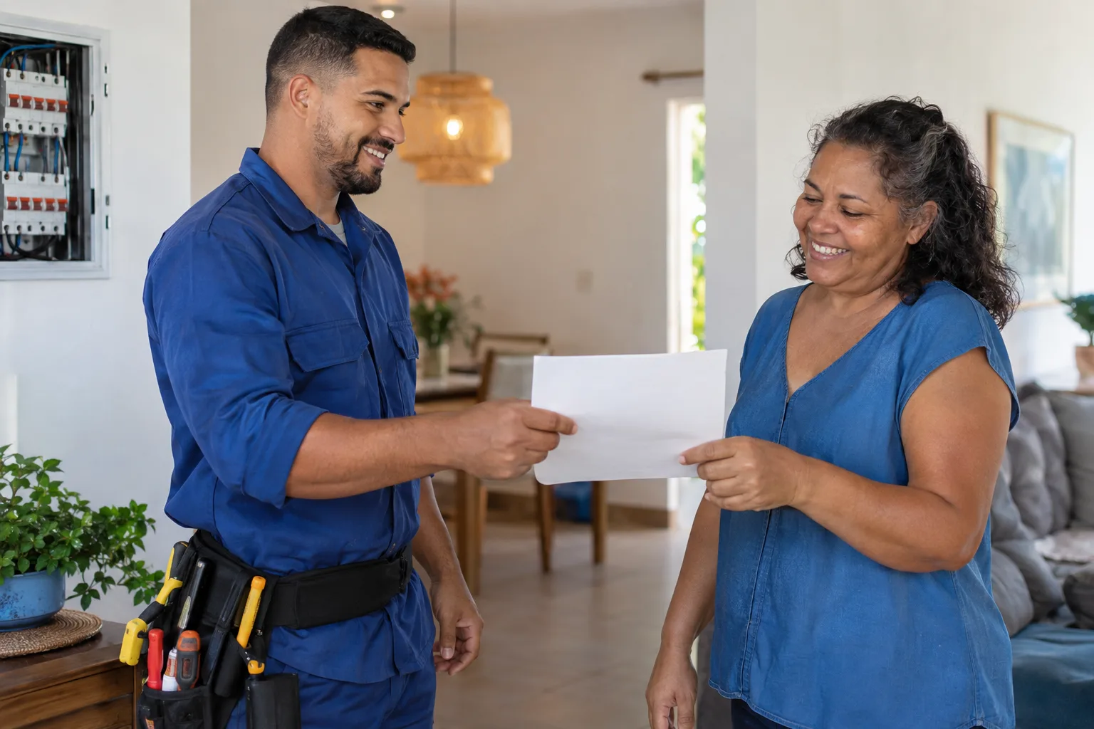 Eletricista microempreendedor entrega um documento à cliente sorridente depois de concluir o serviço na casa dela