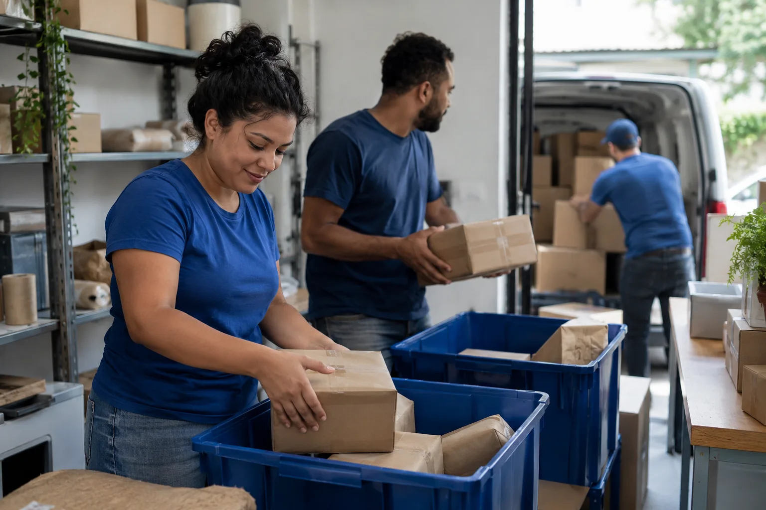Equipe de pequena loja virtual separa pacotes em caixas plásticas para a coleta da transportadora