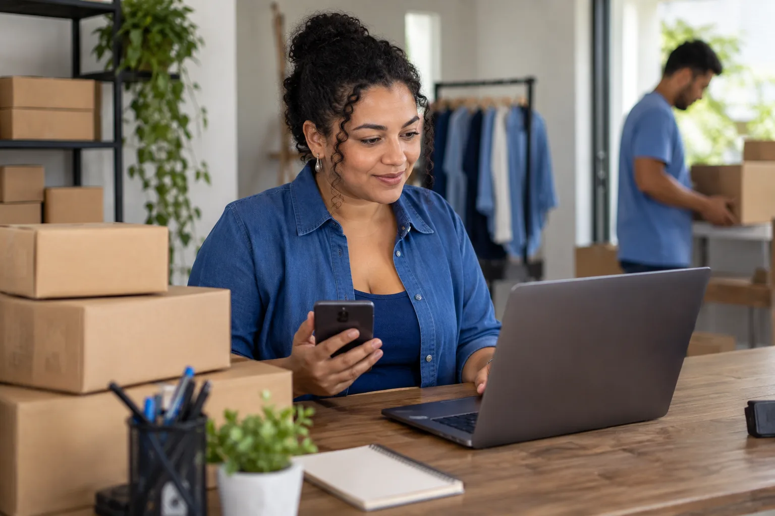 Vendedora on-line confere a lista de pedidos no notebook segurando o celular, com caixas prontas para a coleta