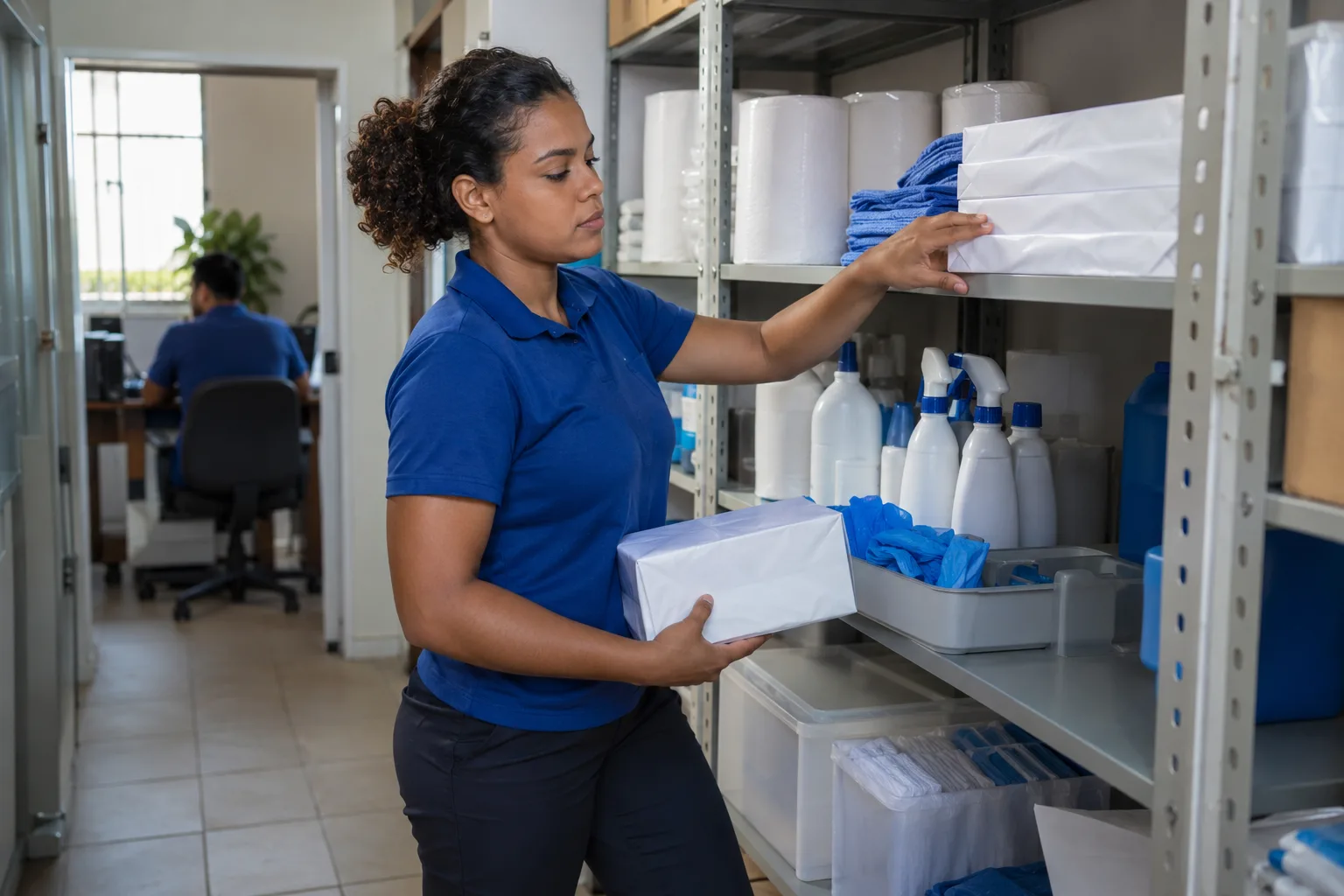 Funcionária organiza luvas, produtos de limpeza e papel na prateleira do escritório