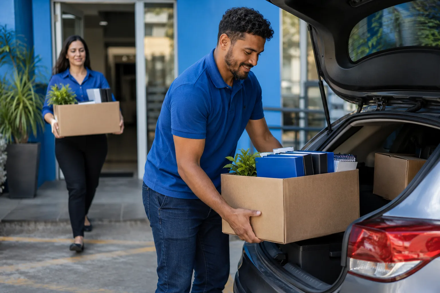 Funcionário coloca caixas de material de escritório no carro para levar à outra filial