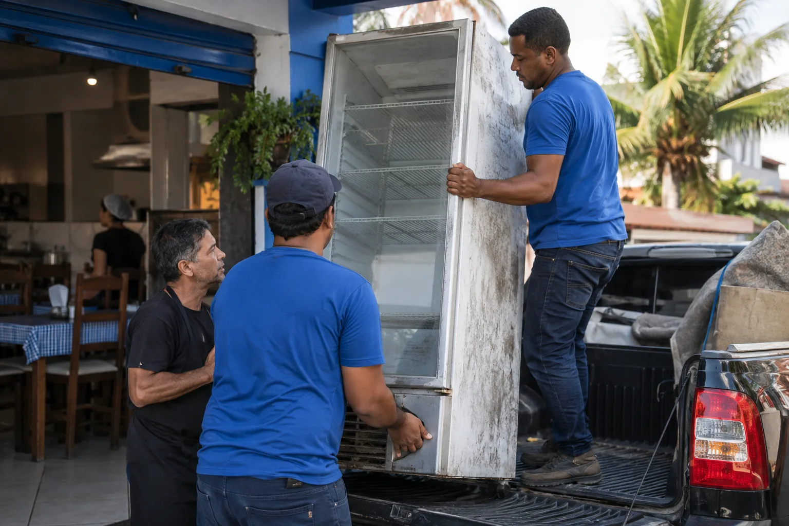 Trabalhadores carregam um refrigerador comercial usado em uma caminhonete na frente do restaurante