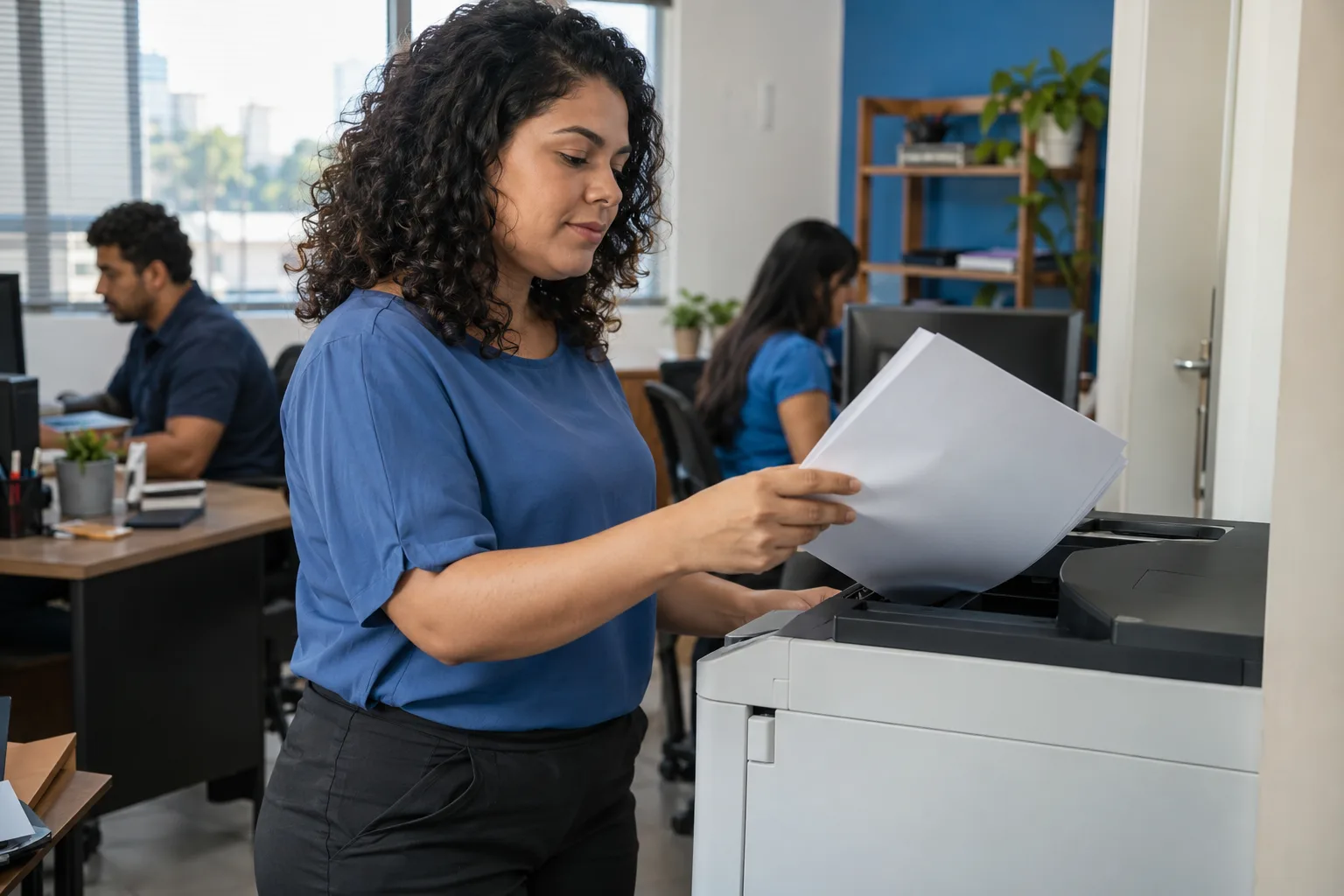 Assistente retira folhas impressas da impressora no escritório de pequena empresa