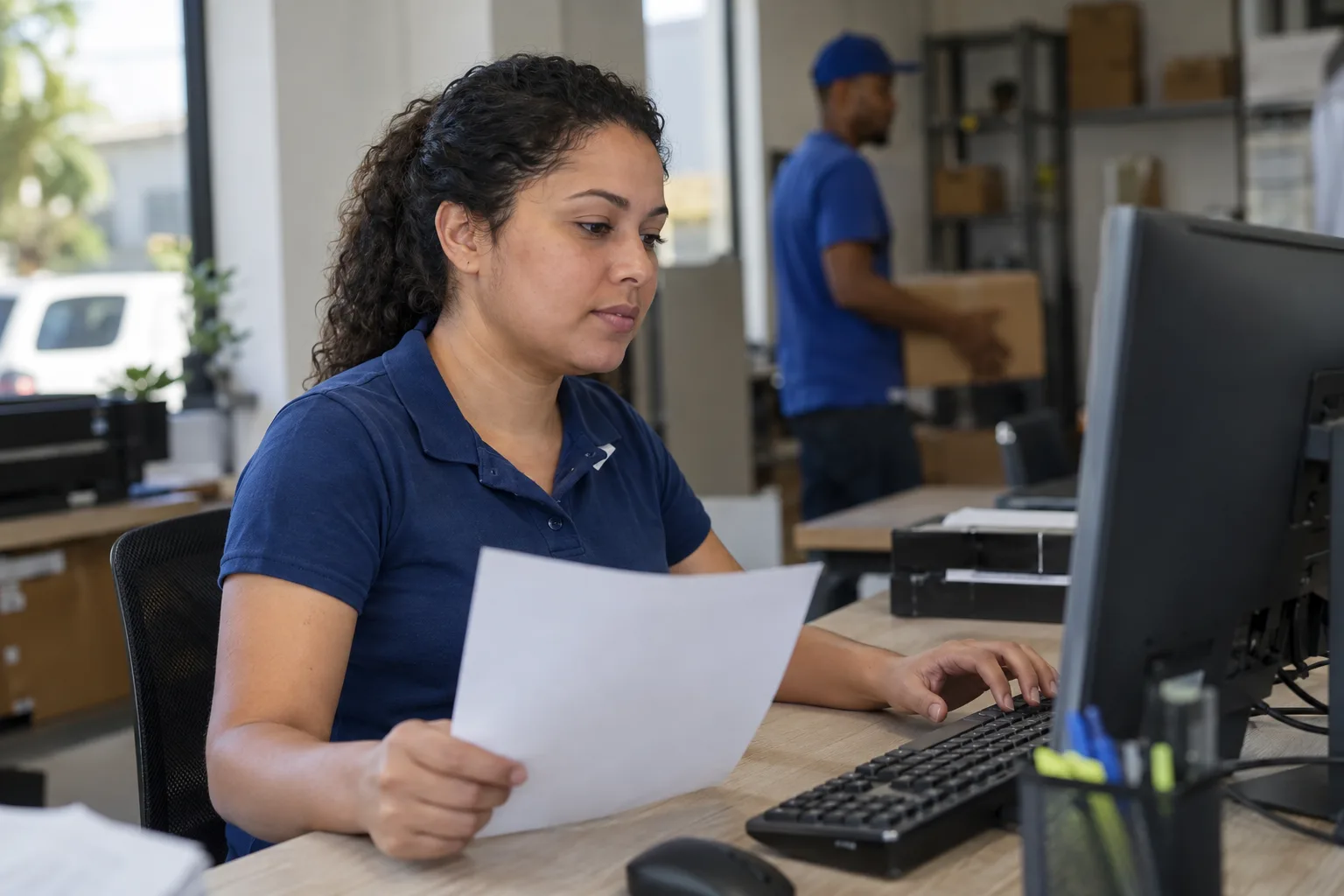 Assistente de faturamento de uma distribuidora confere dados da nota no computador segurando um documento de entrega