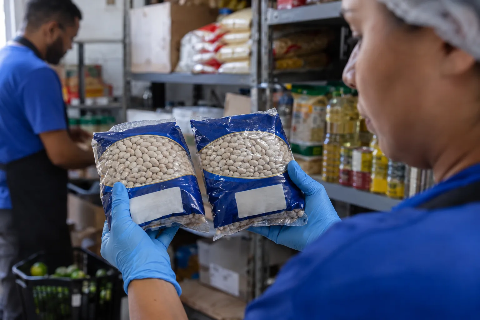Funcionária de luvas compara duas embalagens de alimento no estoque de um pequeno mercado