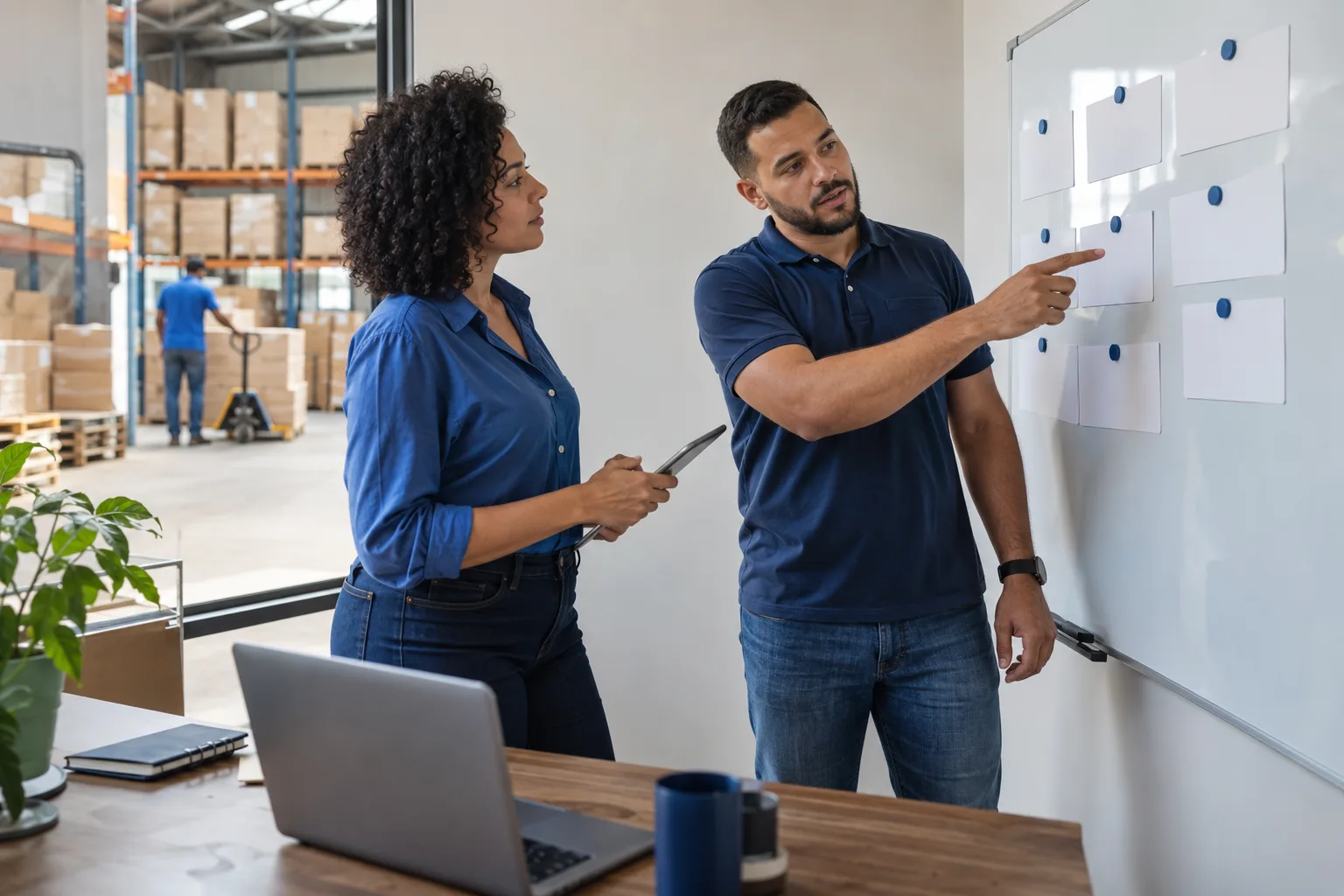 Sócios de pequena distribuidora discutem números diante de um quadro branco