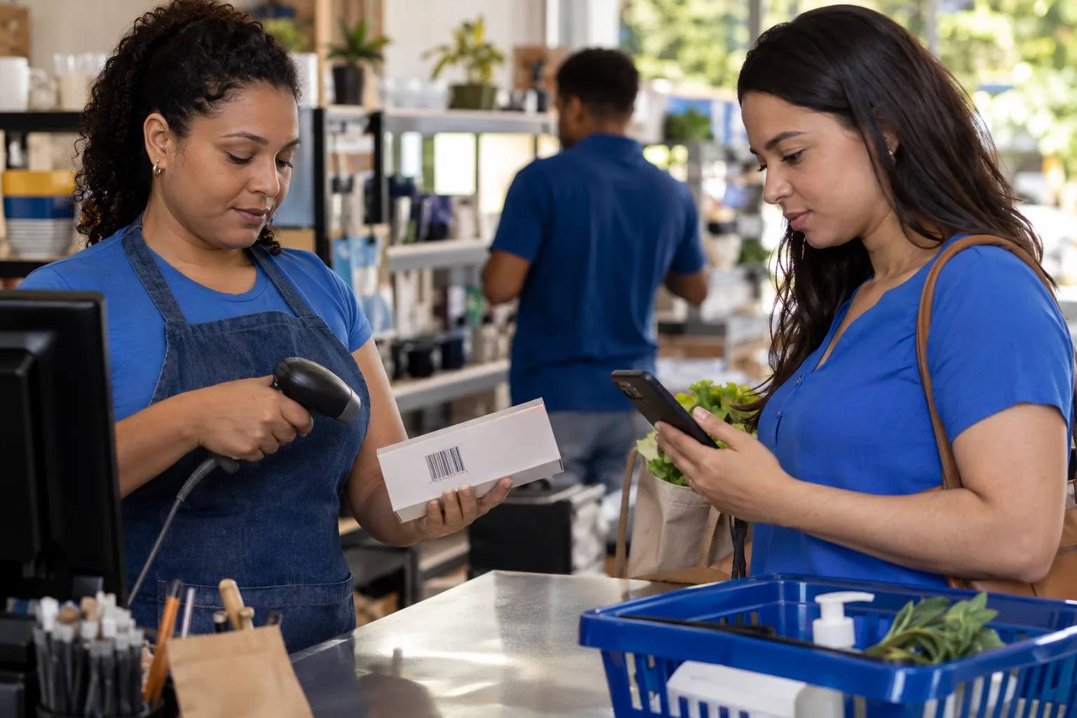 Atendente passa produto no leitor do caixa enquanto cliente confere o preço no celular