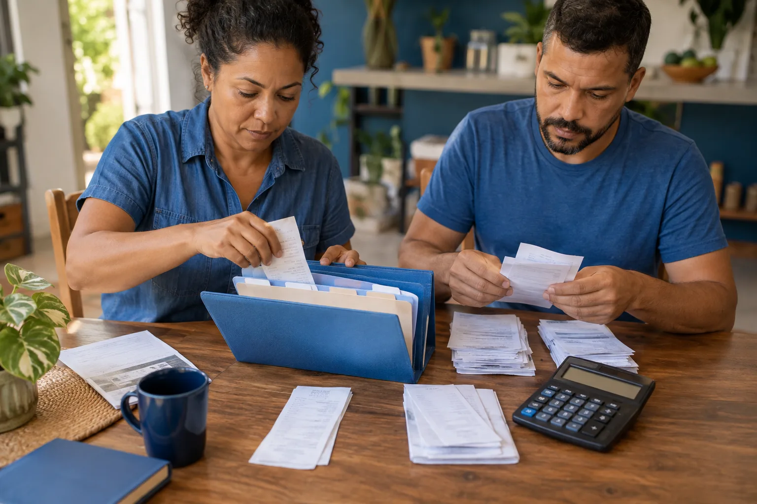 Casal de microempreendedores organiza notas fiscais e recibos do mês em uma pasta azul ao lado da calculadora