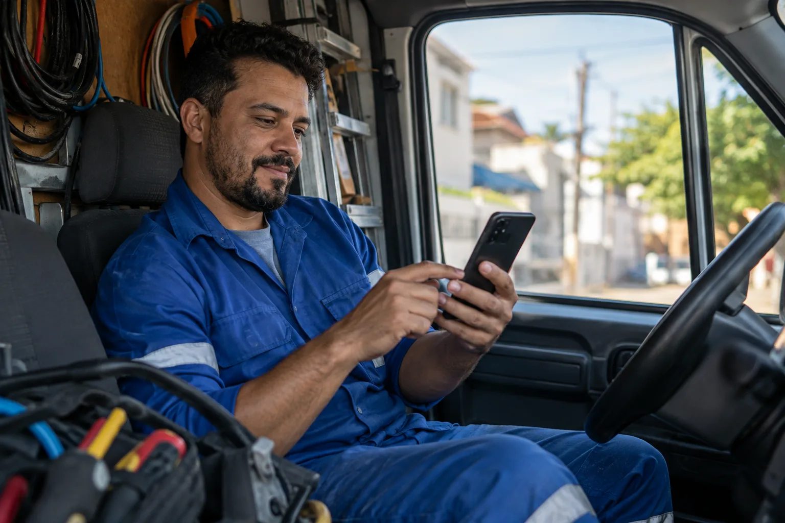 Eletricista autônomo confere o faturamento do mês no celular dentro da van de trabalho