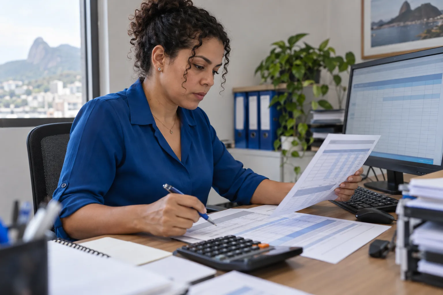 Contadora compara documentos impressos com a planilha no monitor em um escritório de contabilidade