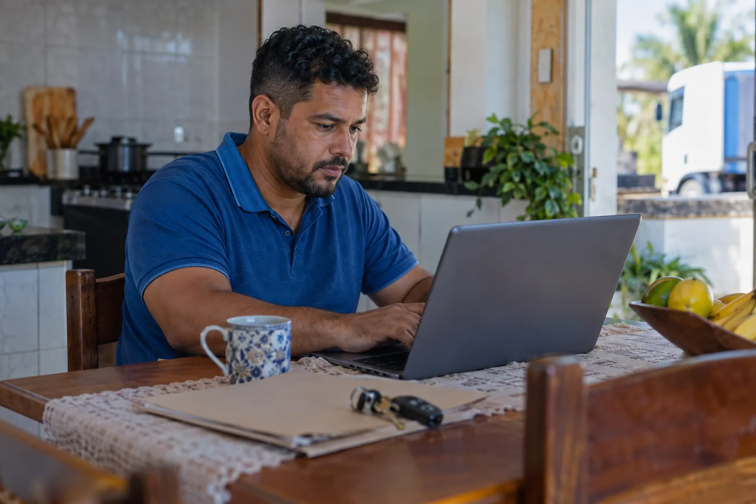 Homem preenche um cadastro no notebook na mesa da cozinha com chaves e documentos ao lado