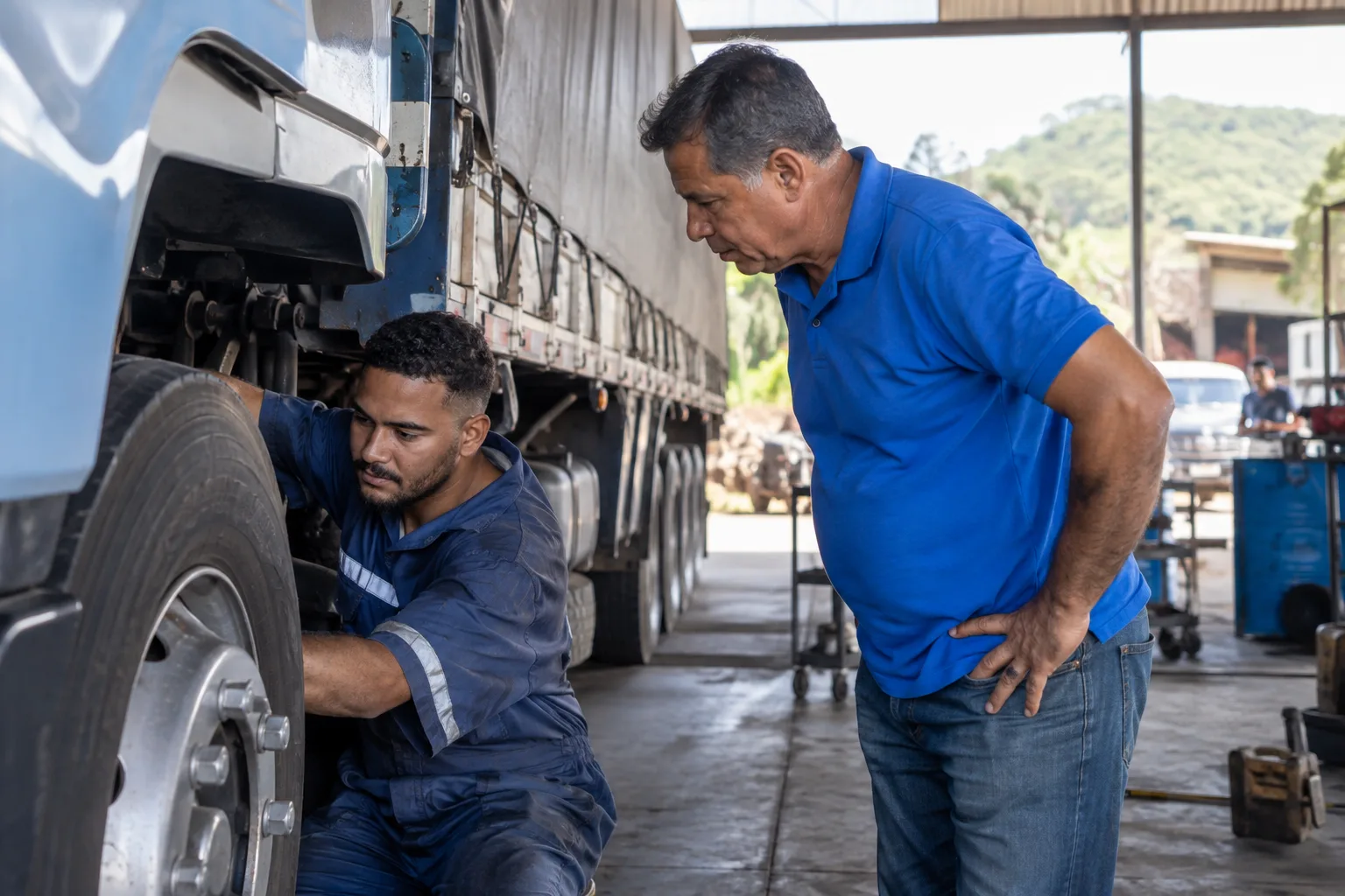 Mecânico e dono do caminhão inspecionam o veículo numa oficina