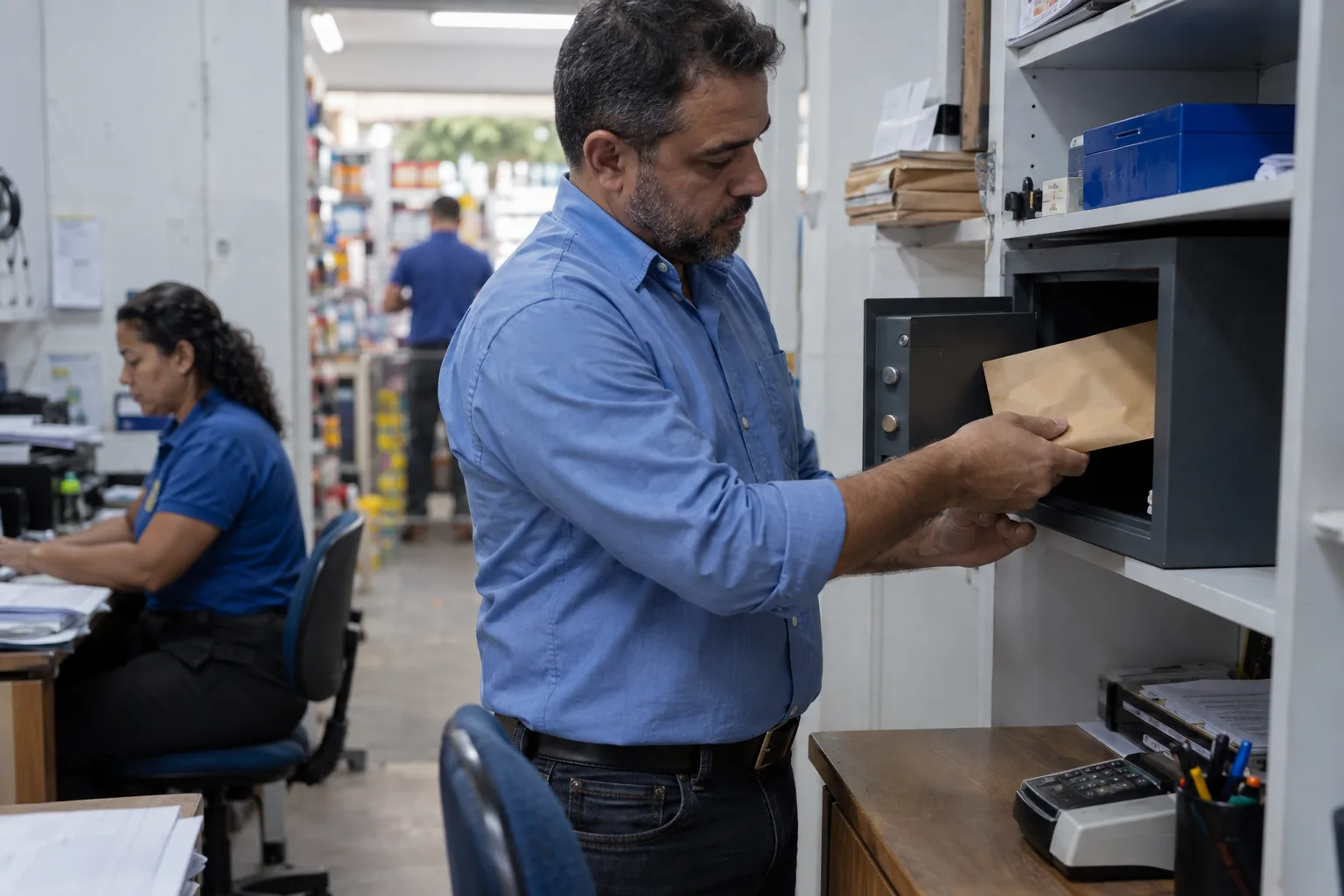 Gerente guarda envelope lacrado de sangria no cofre do escritório da loja