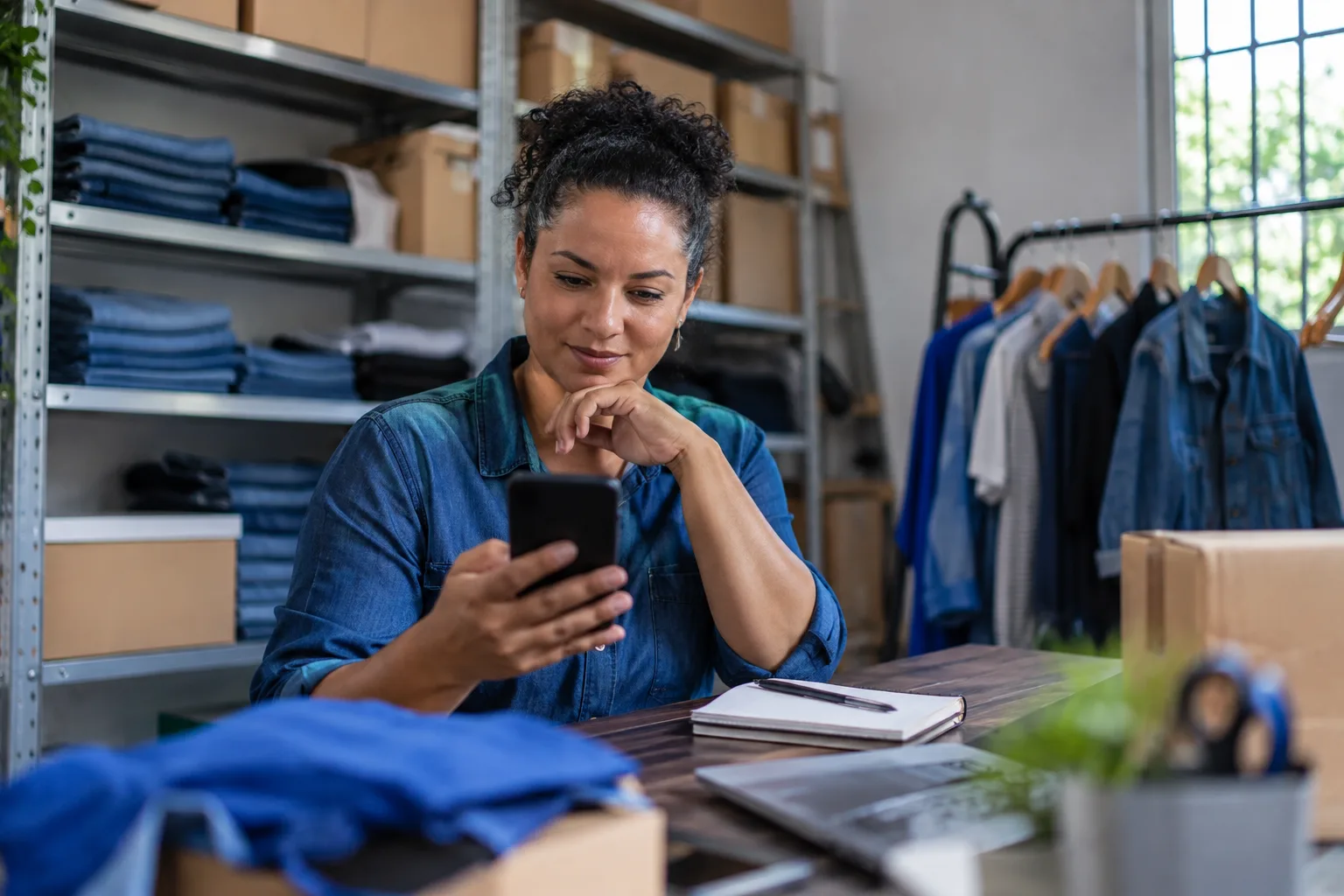 Dona de loja de roupas confere depósitos da conta da empresa no celular no escritório dos fundos