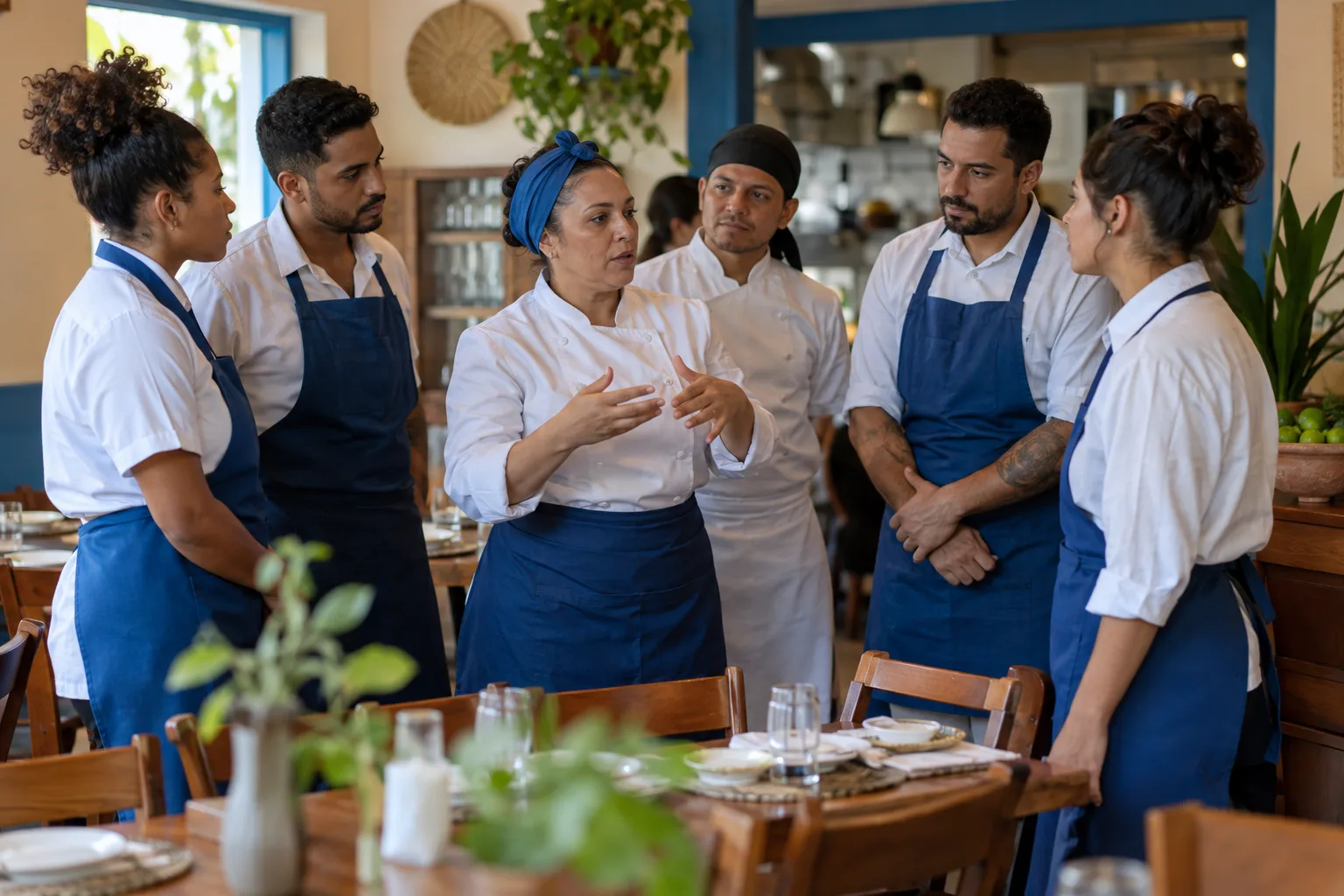 Equipe de garçons e cozinheiros faz uma reunião rápida no salão antes do serviço