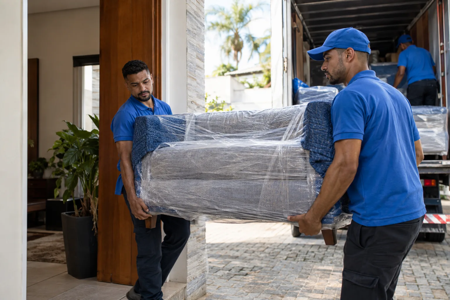 Equipe de entrega carrega um sofá embalado do caminhão até a casa da cliente