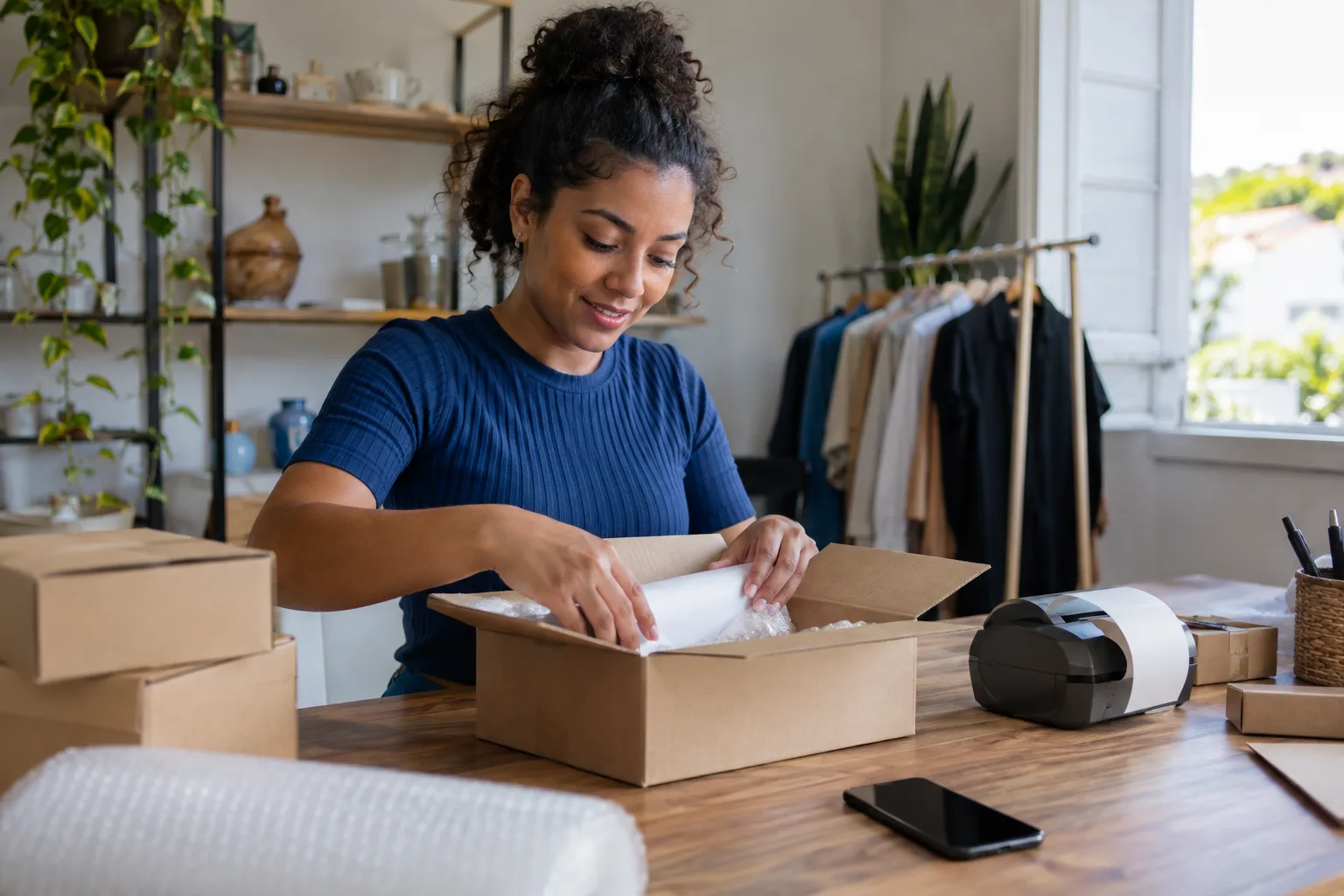 Jovem empreendedora embala produto vendido pela internet em casa com impressora de etiquetas